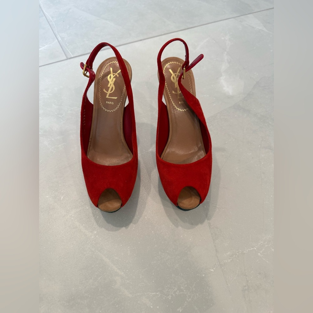 Yves Saint Laurent Red Suede Slingback Peep-Toe Heels | YSL Paris | Size 35 - Picture 3 of 6